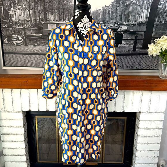 The Limited Women Shirt Dress Blue Yellow Ivory Geometric Work Office Large - Picture 3 of 9
